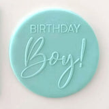 birthday boy! pattern from debosser on round circle of blue fondant
