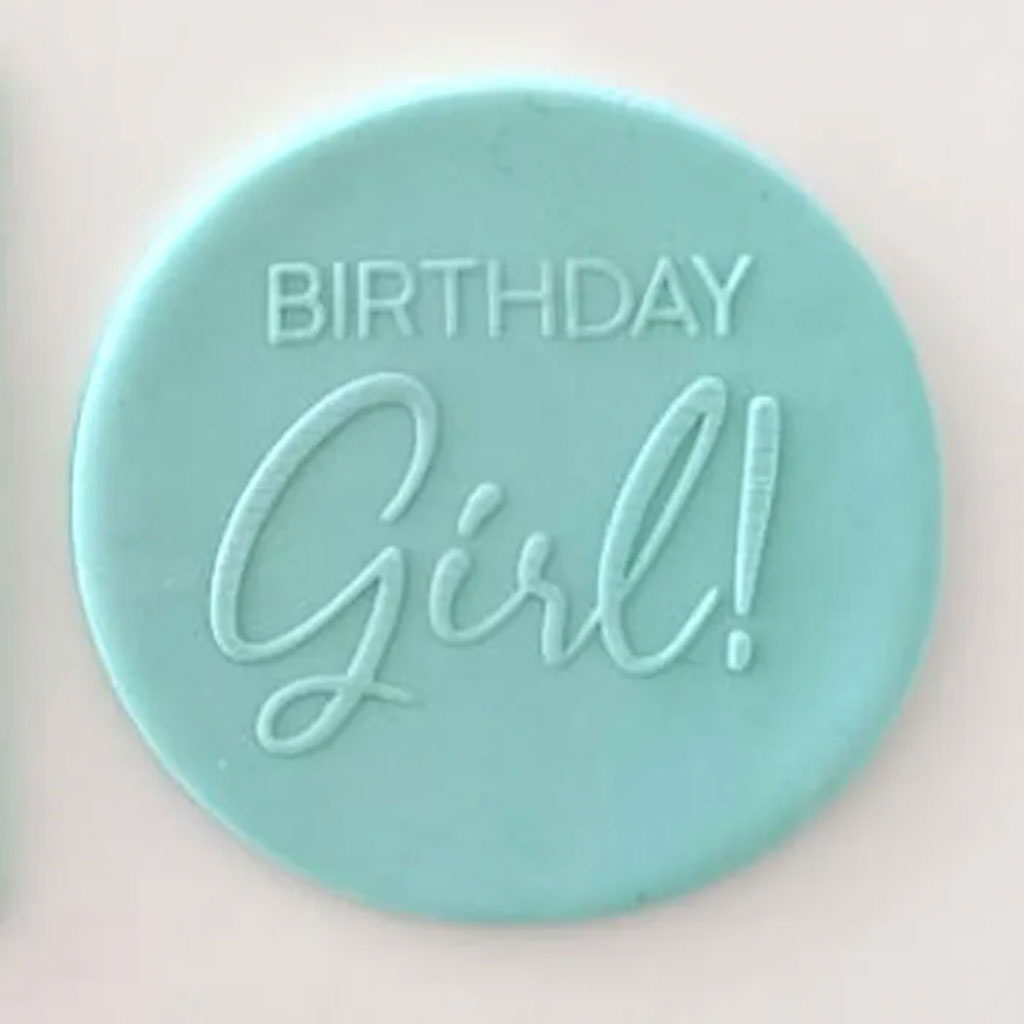 birthday girl! pattern from debosser on round circle of blue fondant