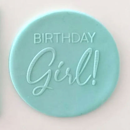 birthday girl! pattern from debosser on round circle of blue fondant