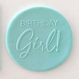 birthday girl! pattern from debosser on round circle of blue fondant