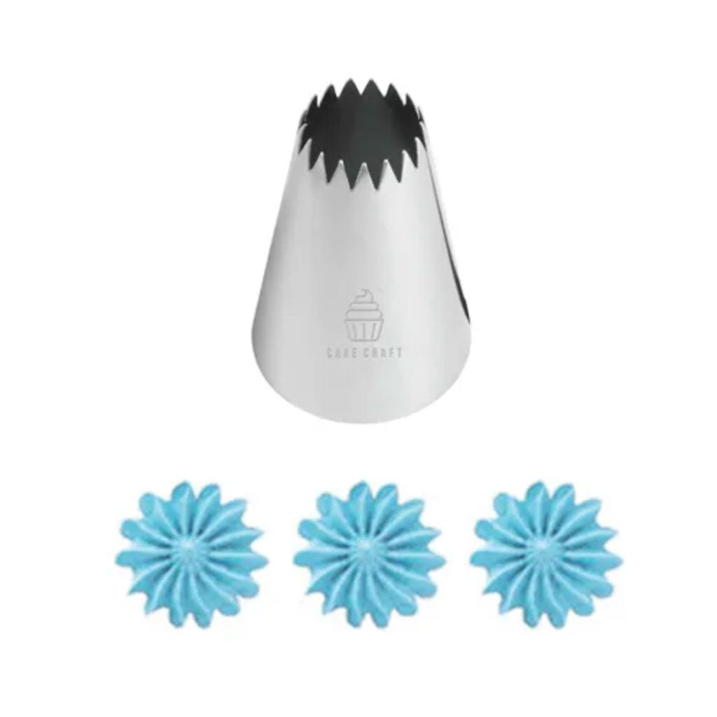 Cake Craft Stainless Steel Large #4B Open Star Piping Tip beside examples of piping pattern