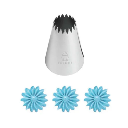 Cake Craft Stainless Steel Large #4B Open Star Piping Tip beside examples of piping pattern