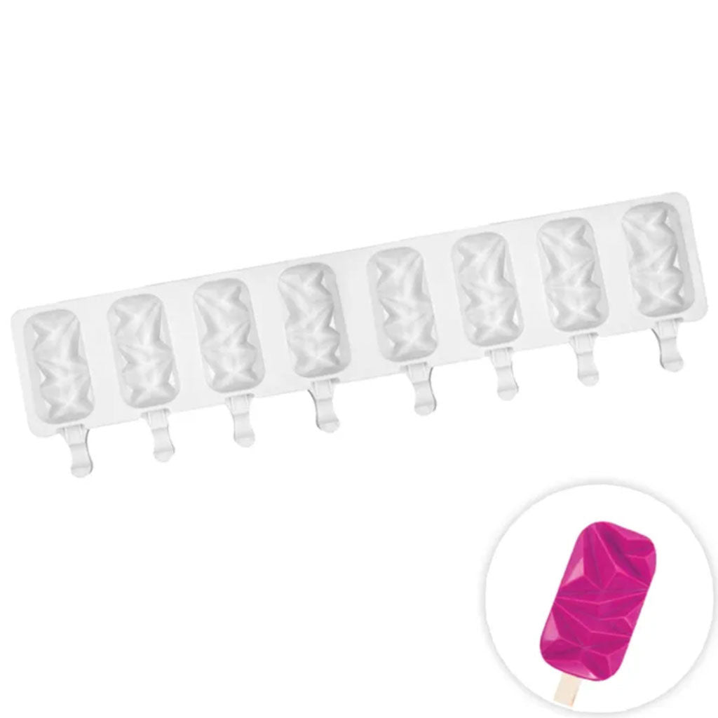 Cake Craft White Geo Ice Cream Popsicle Silicone Mould with pink cake pop in corner as example