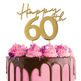 Cake Craft Happy 60th Gold Metal Cake Topper placed on a pink cake with chocolate cake drip
