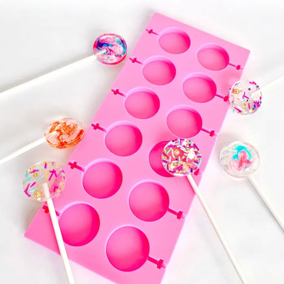 cake craft 35mm lollipop silicone mould with lollipops surrounding mould in assorted colours