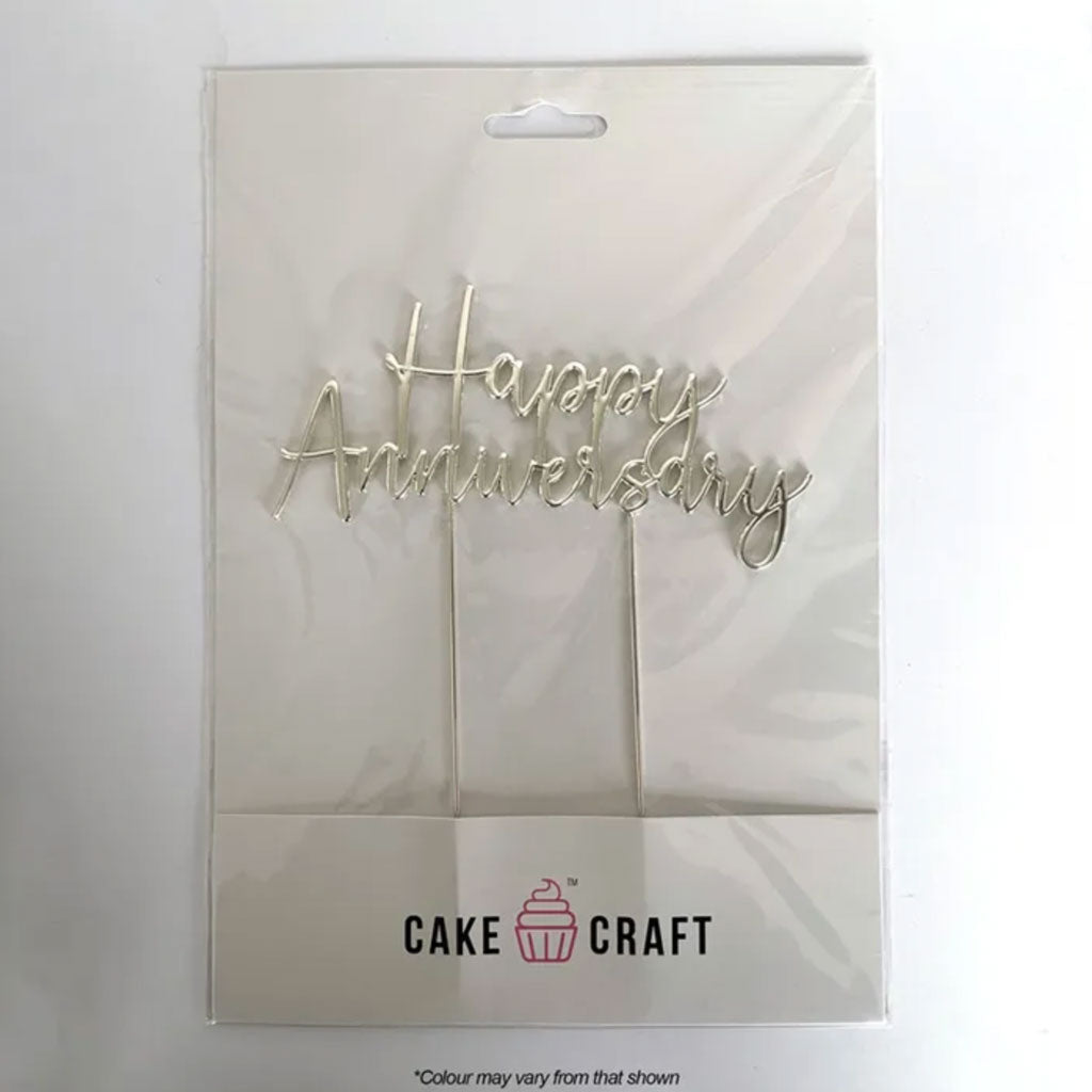 Cake Craft Happy Anniversary Silver Metal Cake Topper in Hangsell packaging