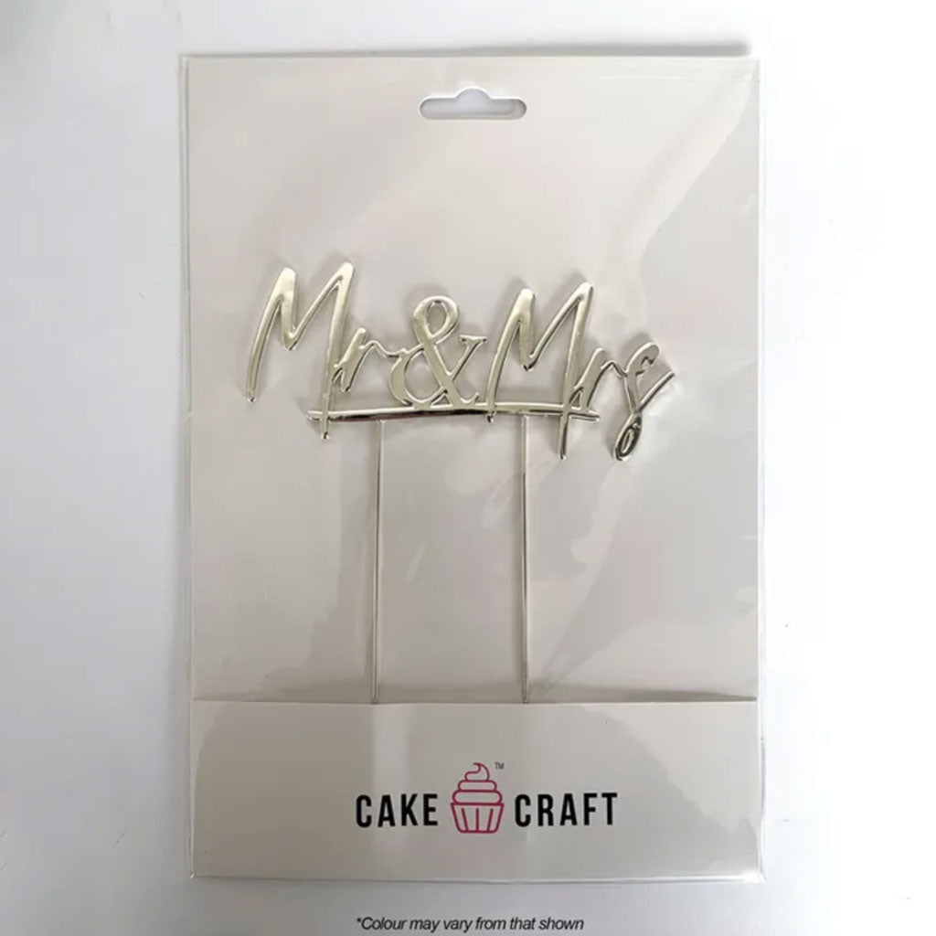 Cake Craft Mr & Mrs Silver Metal Cake Topper in packaging