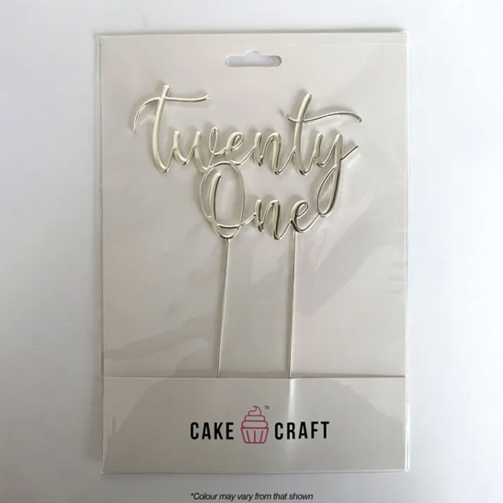 Cake Craft Twenty One Silver Metal Cake Topper in packaging