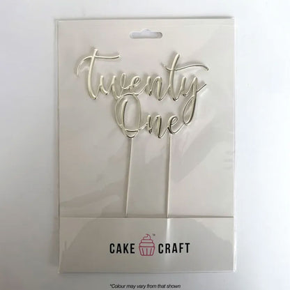 Cake Craft Twenty One Silver Metal Cake Topper in packaging