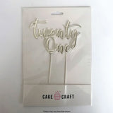 Cake Craft Twenty One Silver Metal Cake Topper in packaging