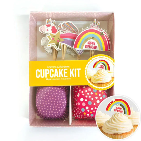 Unicorns and rainbows 48 piece cupcake kit with baking cups and cupcake toppers with rainbows unicorns and stars