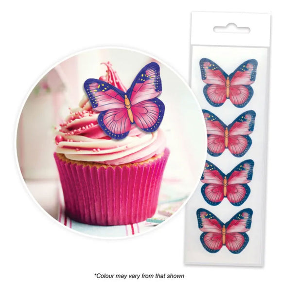 cake craft pink and purple butterfly wafer toppers with examples on a pink cupcake