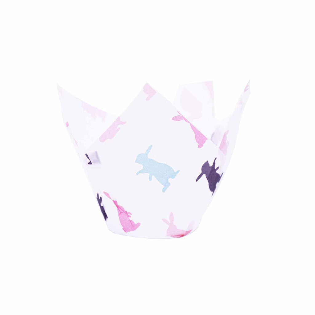 Large White Parchment Muffin Cup with pink, blue and purple hopping bunnies printed on