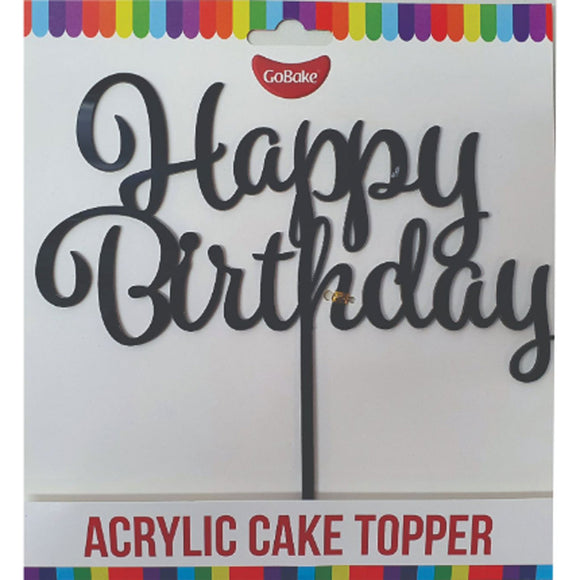 GoBake Black Acrylic Happy Birthday Cake topper in Hangsell packaging