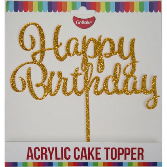 GoBake Gold Glitter Acrylic Happy Birthday Cake Topper in Hangsell packaging
