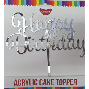 GoBake Silver Happy Birthday Acrylic Cake Topper in Hangsell packaging