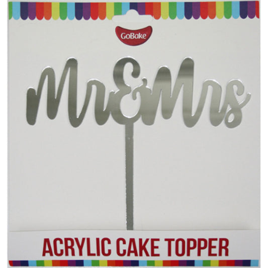 GoBake Silver Mr & Mrs Acrylic Cake Topper in Hangsell packaging
