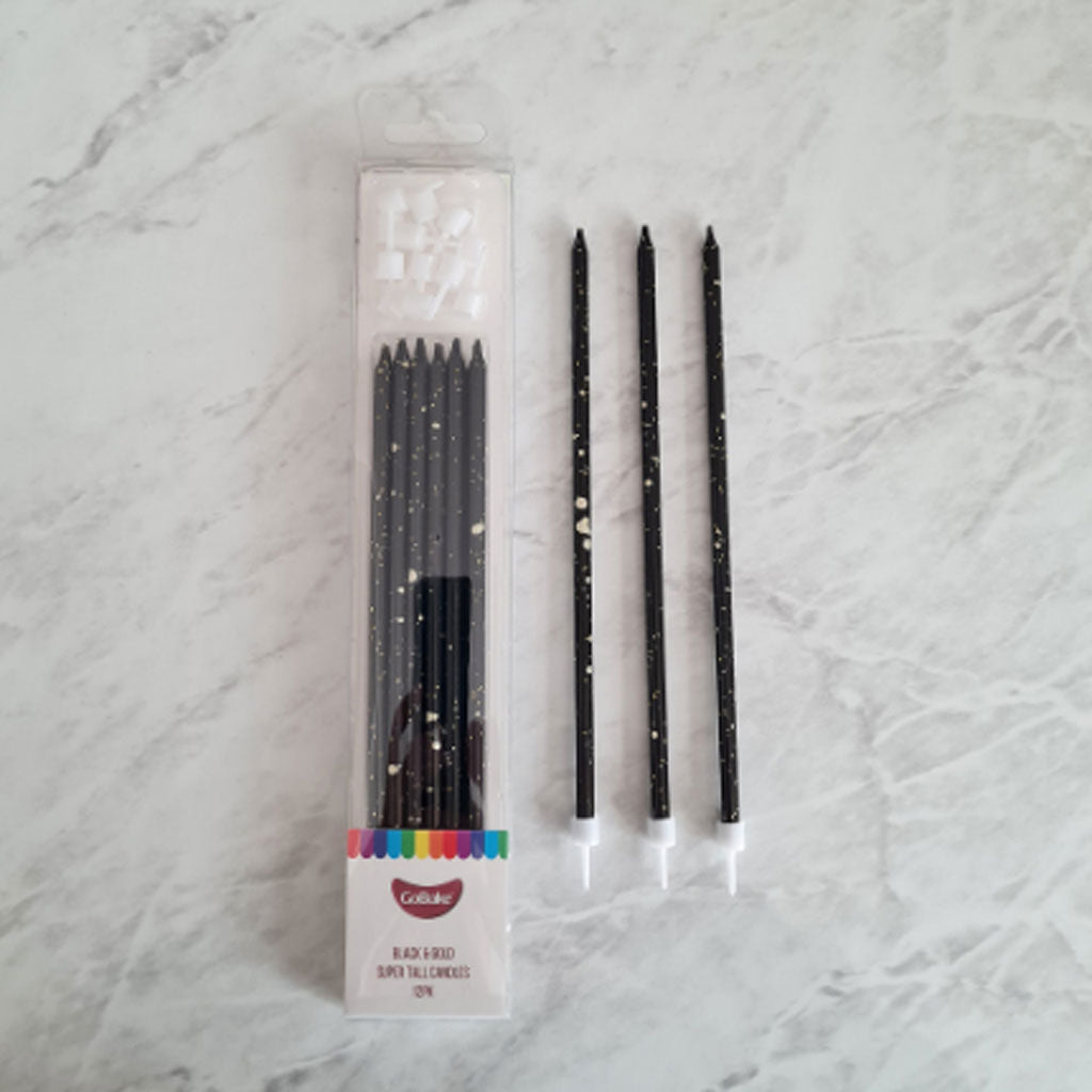 GoBake Candles Super Tall 18cm Black Gold Splatter 12/Pack