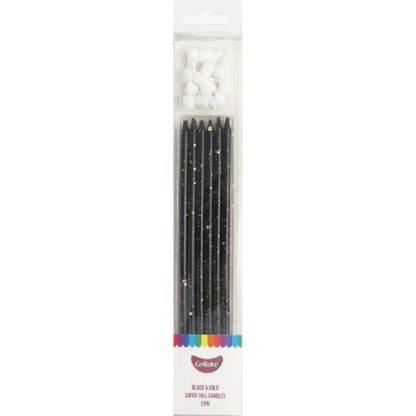 GoBake Candles Super Tall 18cm Black Gold Splatter 12/Pack