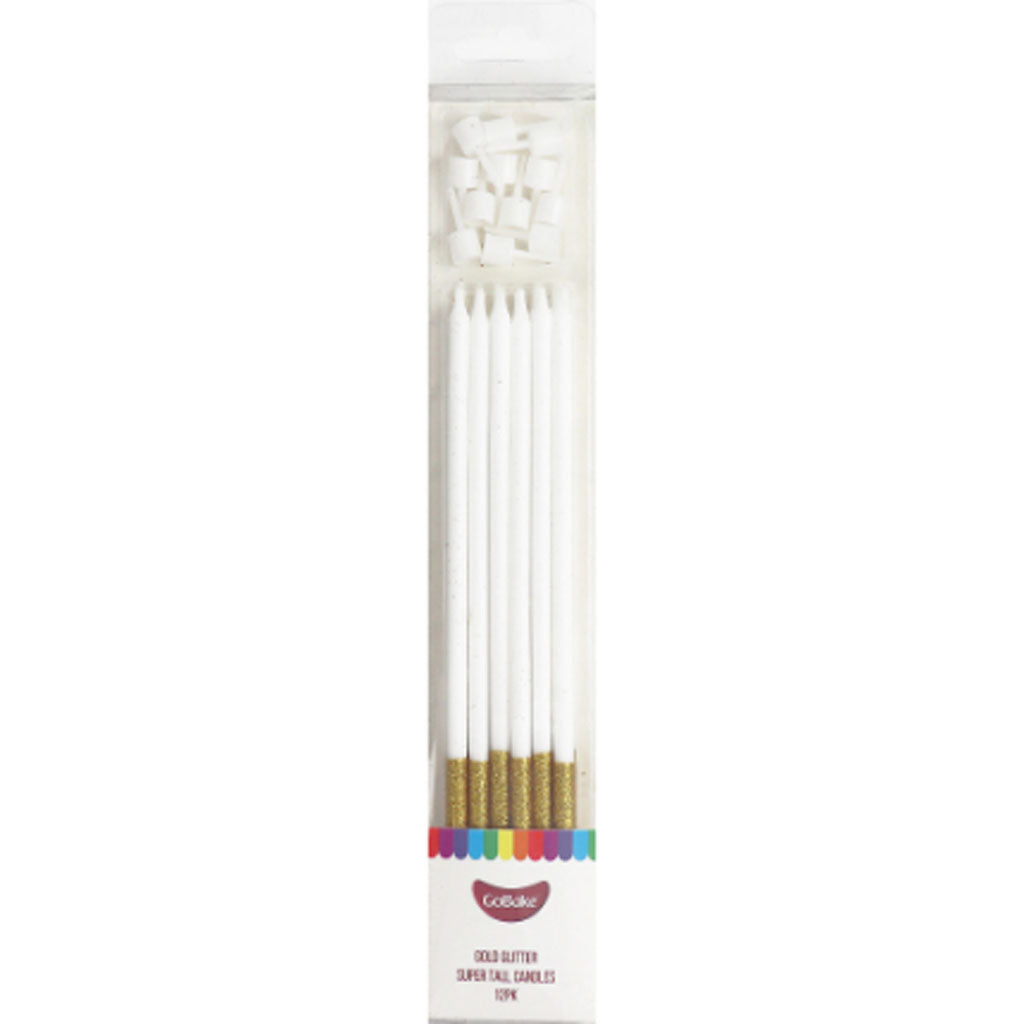 GoBake Candles Super Tall 18cm Glitter Gold 12/Pack