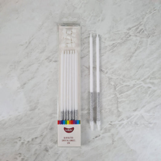 GoBake Candles Super Tall 18cm Glitter Silver 12/Pack