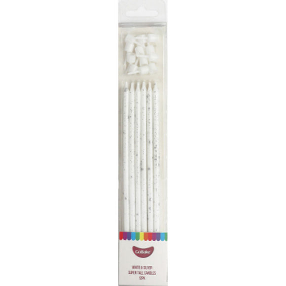 GoBake Candles Super Tall 18cm White Silver Splatter 12/Pack