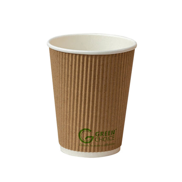 Green Choice 12oz brown ripple double wall coffee cup with green choice green print 
