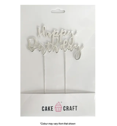 Cake Craft Happy Birthday Style 1 Metal Cake Topper Silver 12cm