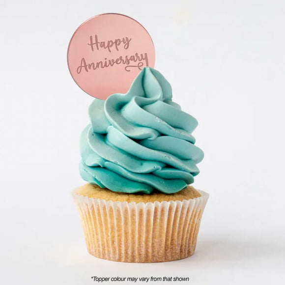 Round Happy Anniversary rose gold mirror topper on cupcake with blue/turquoise buttercream icing
