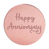 round rose gold mirror topper with happy anniversary
