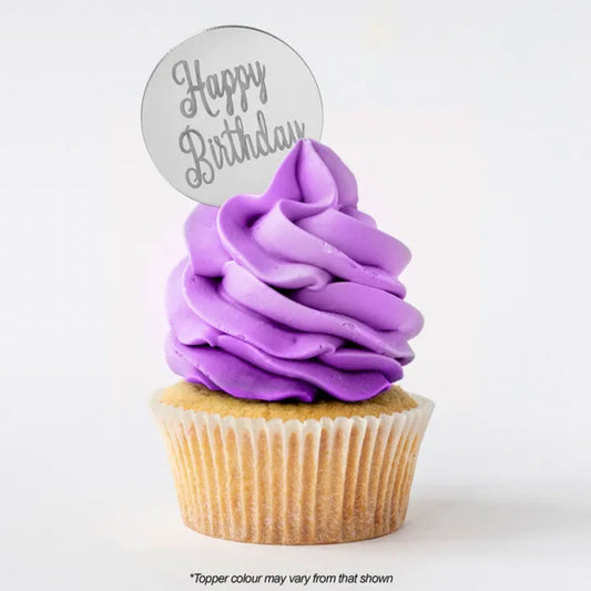 Round Happy Birthday silver mirror topper on cupcake with purple buttercream icing