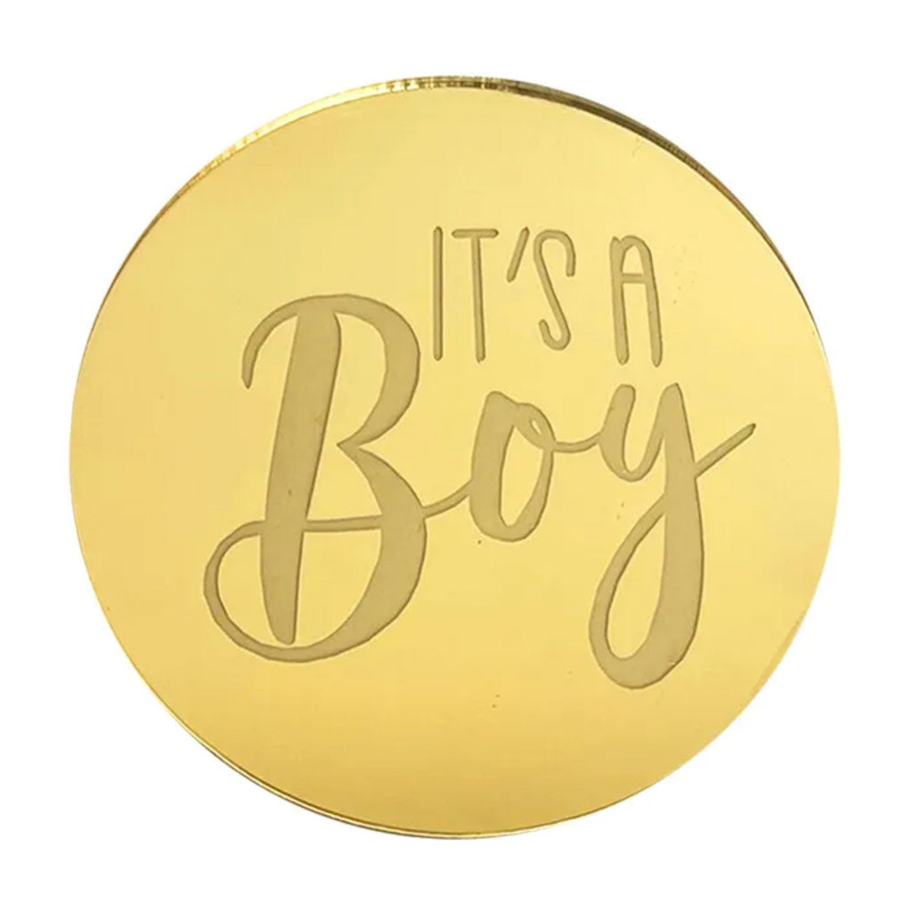 round gold mirror topper with its a boy
