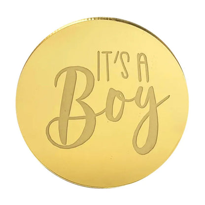 round gold mirror topper with its a boy