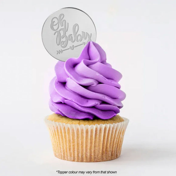Round Oh Baby silver mirror topper on cupcake with purple buttercream icing