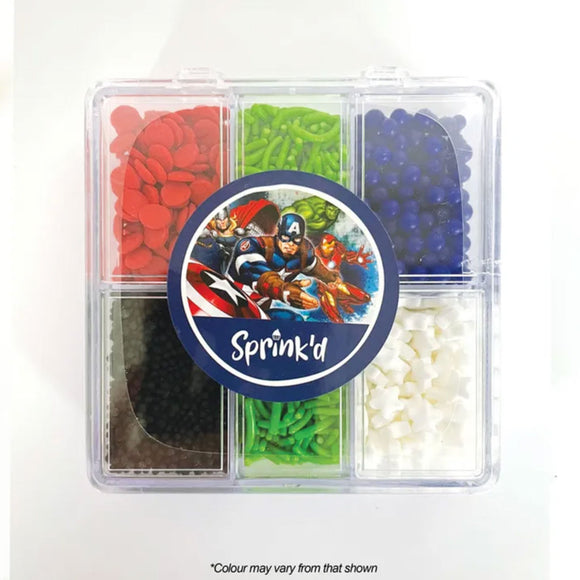Sprink'd Avengers themed bento box with assorted green, blue, black, red & white sprinkles