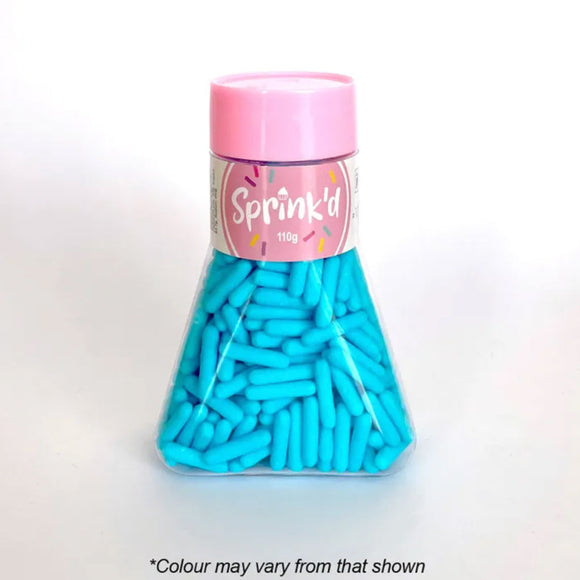 Sprink'd Blue 3.8mm floss rods sprinkles in a triangular easy to use jar with pink lid