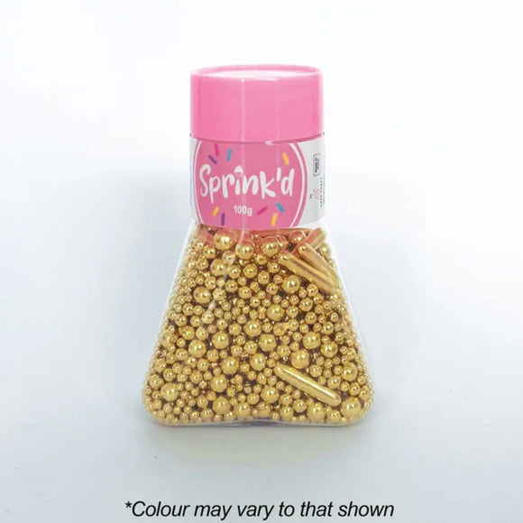 Sprink'd Gold Shiny Metallic Sprinkle Mix of assorted sized sugar balls and rods in a triangular shaped easy to use jar with pink lid