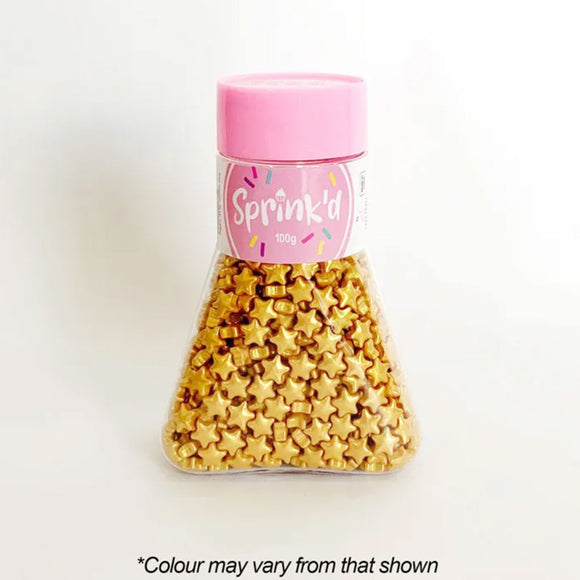 sprink'd gold star shaped sprinkles in clear triangular jar with pink lid