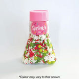 sprink'd jolly medley Christmas sprinkle mix of white snowflakes, green, white, red sugar balls, green stars and green, white, and red jimmies in an easy to use jar