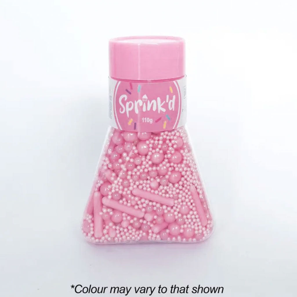 sprink'd matte pink sprinkle mix with matte and shiny pink sprinkle sugar balls and rods in a easy to use jar with pink lid