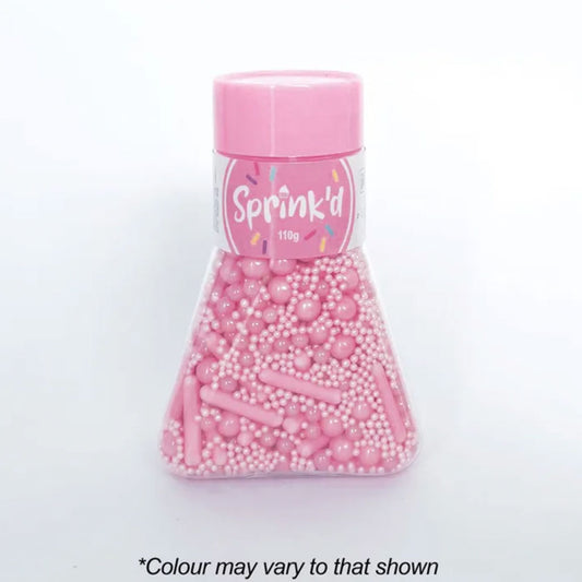 sprink'd matte pink sprinkle mix with matte and shiny pink sprinkle sugar balls and rods in a easy to use jar with pink lid
