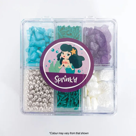 Sprink'd Mermaid themed bento box with assorted blue, teal, purple, silver & white sprinkles