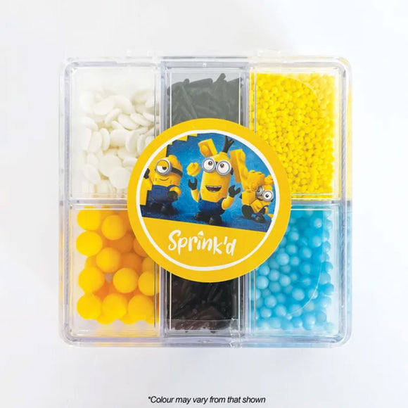 Sprink'd Minions themed bento box with assorted white, black, yellow & Blue sprinkles