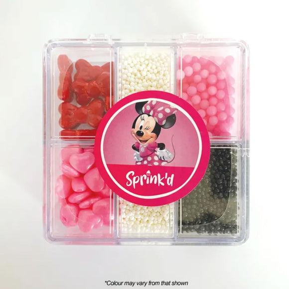 Sprink'd Minnie Mouse themed bento box with assorted pink, black, red & white sprinkles