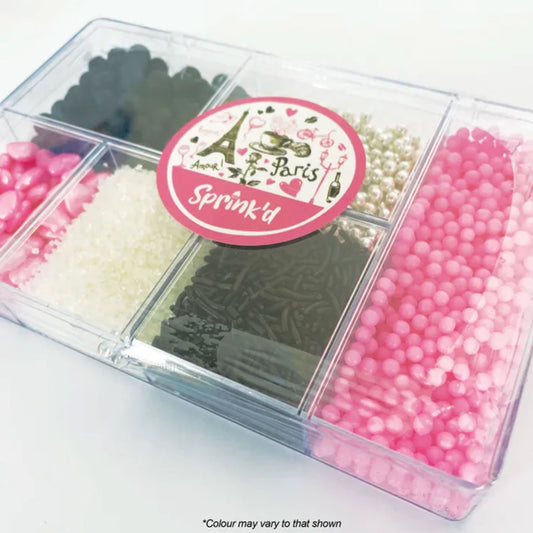 sprink'd Parisian dreams bento box of assorted black, white, silver and black sprinkles side
