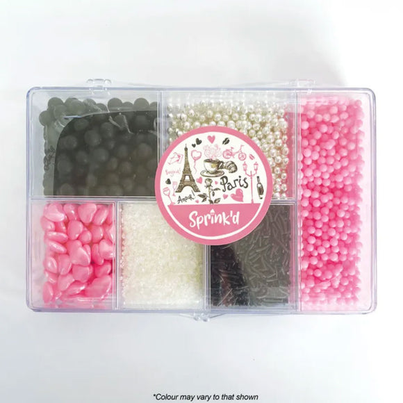 sprink'd bento bos of assorted Parisian dreams themed sprinkles pink white silver and black