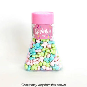 sprink'd pink green and blue pastel coloured bunny shaped sprinkles in easy to use triangular jar with pink lid