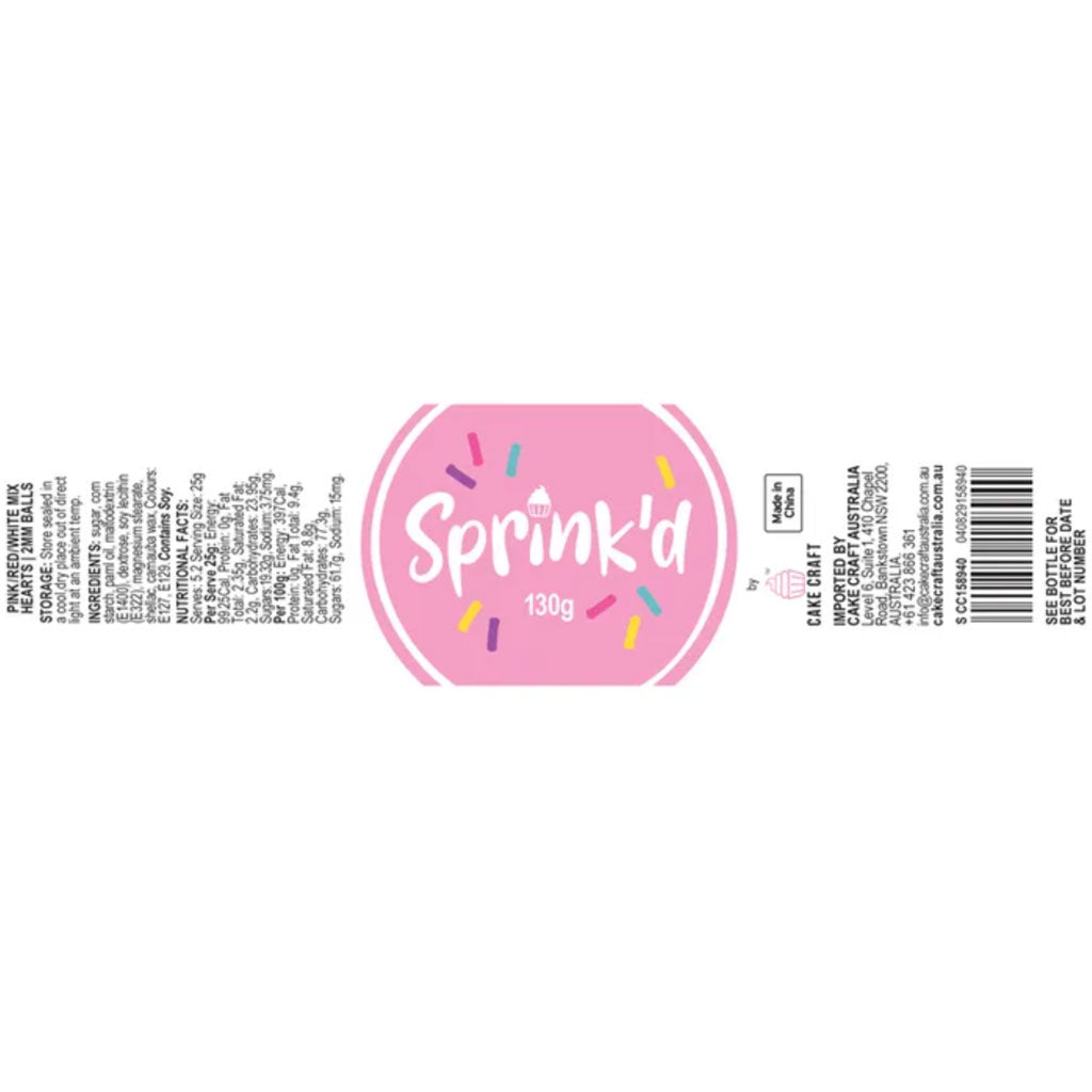 Sprink'd Pink/Red/White Mix Hearts/2mm Sugar Balls 130g