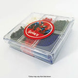 sprink'd Spiderman themed bento sprinkle mix box on side angle with white, blue, black & red sprinkles
