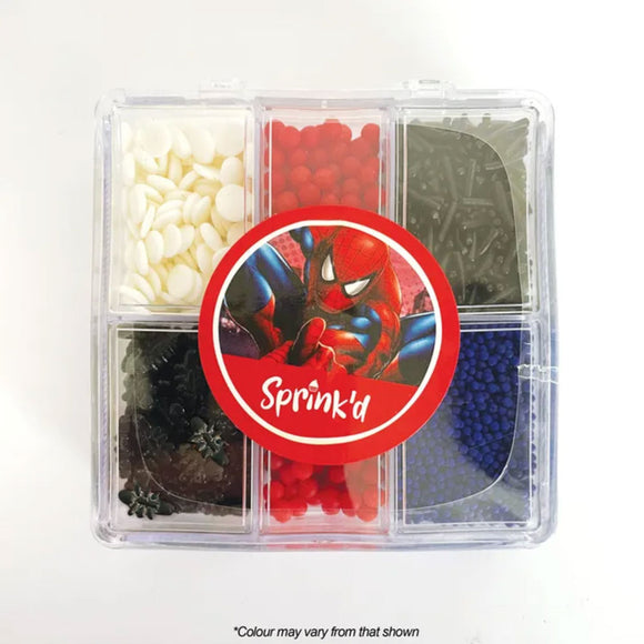 Sprink'd Spiderman themed bento box with assorted blue, black, red & white sprinkles